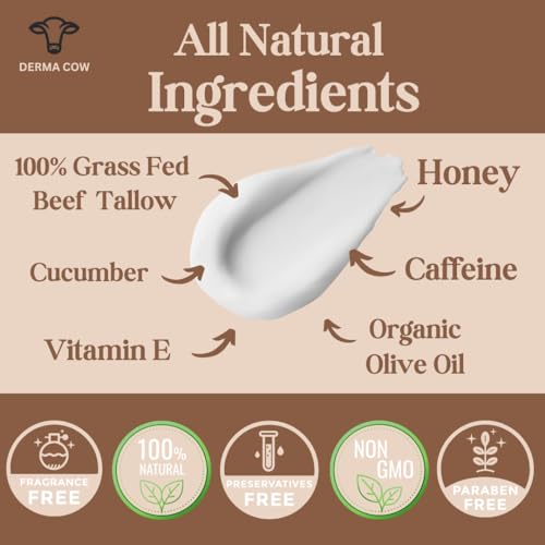 Tallow Eye Cream infused with Caffeine, Honey, Vitamin E and Cucumber, 100% Grass Fed Beef Tallow, Moisturizer , Dark Circles and Puffiness, Anti-Aging Cream , Anti-Wrinkle Under Eye Cream - 2oz