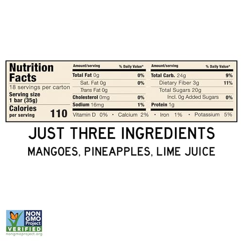 South 40 Snacks Tropical Pineapple Mango Lime Fruit Bar, just 3 Ingredients, Real Dried Fruit Leather (35g Bar, Pack of 18)
