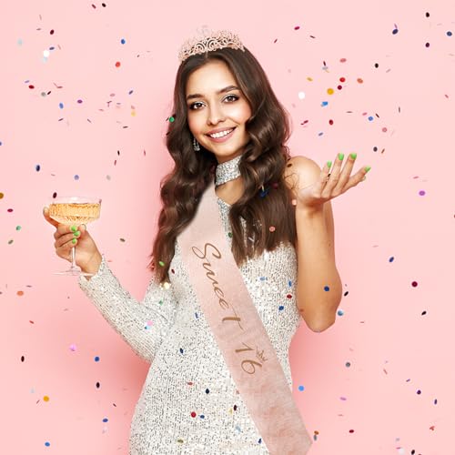 Semato Sweet 16 Party Decorations Set - Rose Gold 16th Birthday Crown and Sweet 16 Sash Glitter Kit for Girls Birthday Happy Birthday Girl Tiara Birthday Party Supplies and Favors