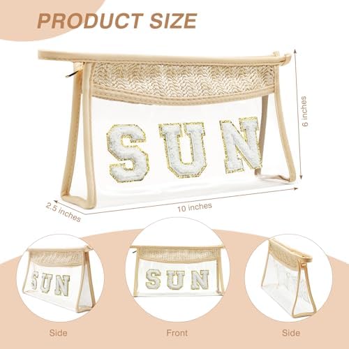 Boho Hand-woven Makeup Bag, Chenille Letter Patch Clear Travel Pouch, Rattan Straw Bag Clear Cosmetic Sunscreen Bags, Women Summer Retro Travel Beach Bag Beach Essentials (Boho_Beige-Sun)