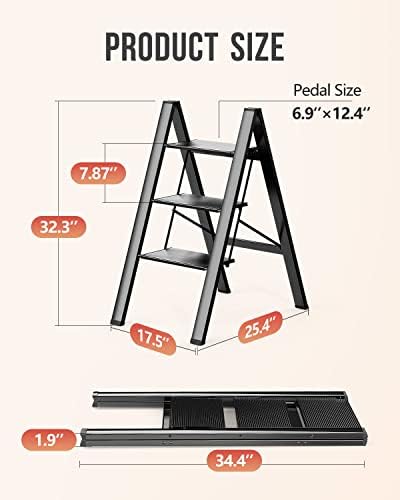 WOA WOA 3 Step Ladder, Foldable Step Stool, Aluminum Lightweight Ladder for Home Kitchen Closet, Anti-Slip Pedals, Ease of Folding, Portable, 300lbs Capacity - Black