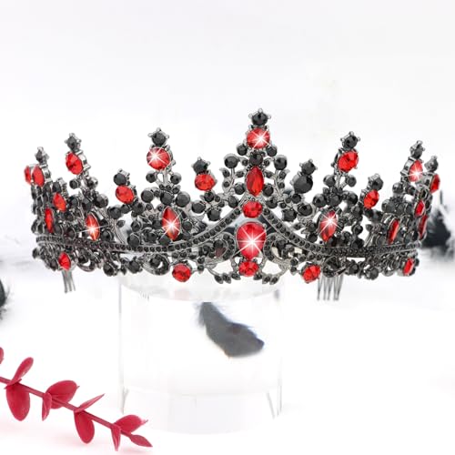 CURASA Black Tiaras for Women Red Gothic Crown for Women Girls Queen of Hearts Crown Quinceanera Tiara Princess Crowns Royal Queen Crown Baroque Vintage Crown for Halloween Costume Birthday Cosplay