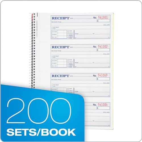 Adams Money and Rent Receipt Book, 2-Part Carbonless, 7-5/8" x 11", Spiral Bound, 200 Sets per Book, 4 Receipts per Page (SC1182), White/Canary