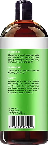 Natural Riches Organic Castor Oil - Cold Pressed, USDA Certified for Hair Growth, Thicker Eyelashes, Eyebrows - Moisturizes Dry Skin and Hair, Helps with Dandruff - Hexane-Free, 16 fl. oz.
