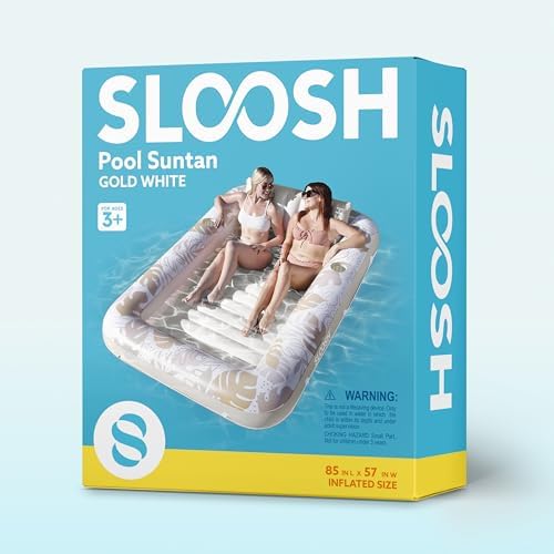 SLOOSH Inflatable Tanning Pool Lounger Float, 85" x 57" Extra Large Pool Floats Adult with Pillow, 4 in 1 Suntan Tub Raft Floatie,Sunbathing Bed Lounge for Water Blow Up Ball Pit, XL-Golden White