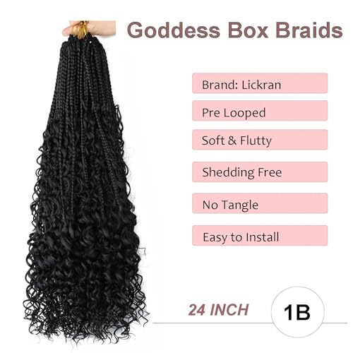 Goddess Box Braids Crochet Hair - 24 inch Crochet Box Braids Pre Looped 8 packs Boho Box Braids Crochet Hair Curly Ends,Bohomian Box Braid Crochet Hair for Black Women 1b