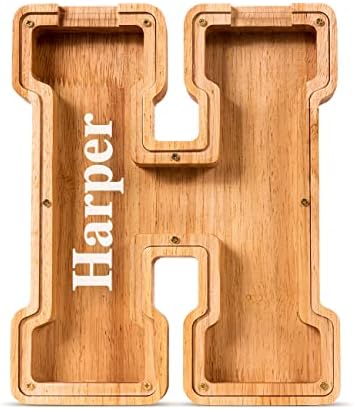 Summidate Customized Name Large Wooden Piggy Bank for Kids Boys Girls Alphabets Letter A-Z Coins Bills Money Change Bank Box Initial on Clear Cover (Laser Engraved) (Alphabet-H, Personalized-9")