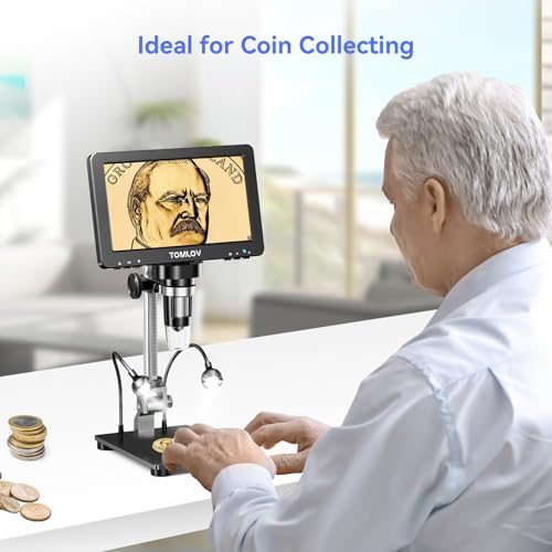 TOMLOV DM9 Pro Digital Microscope: 16MP 7" 1200X HD IPS HDMI Coin Microscope Magnifier for Full Coin View with Screen, 1080P LCD Soldering Microscopes for Adults with 10 LED Lights, PC/TV View, 32GB