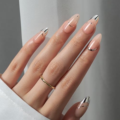 BTArtbox Press On Nails Almond - French Tip Press on nails, Medium Glue On Nails with Nail Glue, Silver Stick On Nails in 16 Sizes - 30 Fake Nails Kit, Zoomers