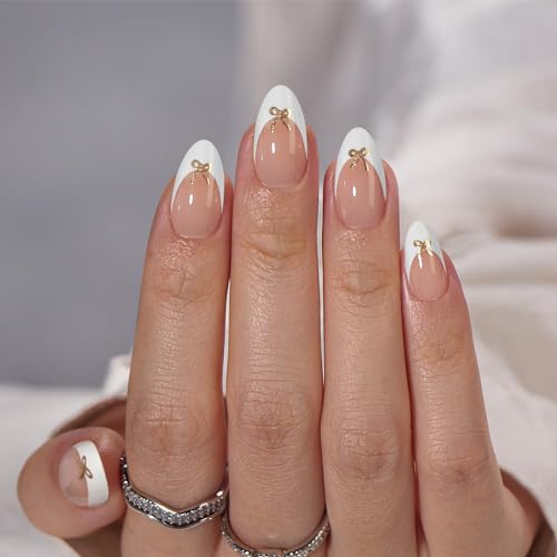 BTArtbox Press on Nails Short -White Designed French Tip Press On Nails Almond with Bow, Glue On Nails for Gifts, Natural Stick On Nails in 16 Sizes - 30 Fake Nails Kit, Dinner Star