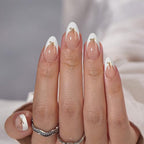 BTArtbox Press on Nails Short -White Designed French Tip Press On Nails Almond with Bow, Glue On Nails for Gifts, Natural Stick On Nails in 16 Sizes - 30 Fake Nails Kit, Dinner Star