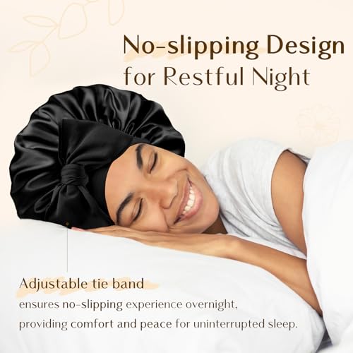 YANIBEST Double Layer Satin Silk Bonnet for Sleeping Hair Bonnet with Elastic Tie Band for Curly Hair Wig Caps Black