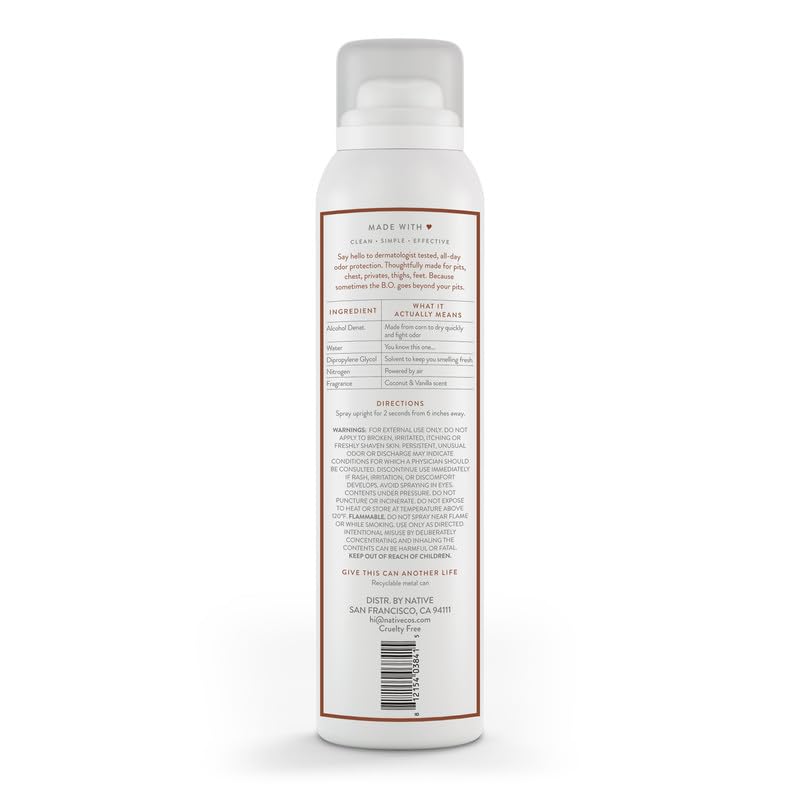 Native Whole Body Deodorant Spray Contains Naturally Derived Ingredients, Deodorant for Women & Men | 72 Hour Odor Protection, Aluminum Free with Coconut Oil and Shea Butter | Coconut & Vanilla