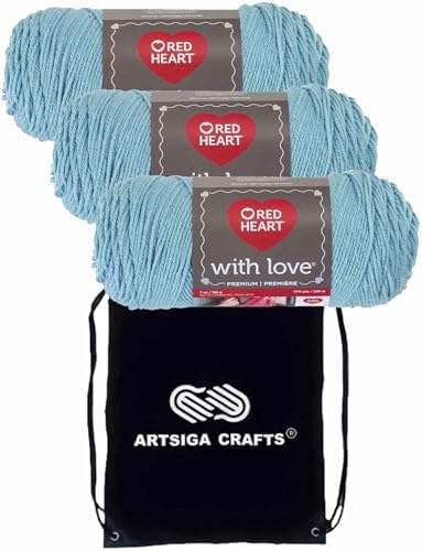 Red Heart with Love Iced Aqua E400-1502 (3-Skeins - Same Dye Lot) Worsted Medium #4 Acrylic Yarn for Crocheting and Knitting with Project Bag