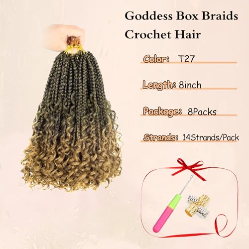 8 Pack Boho Box Crochet Braids Pre Looped with Curly Ends Ombre Blonde - 8 Inch Goddess Bohemian Box Braids Crochet Hair for Black Women Synthetic 3X Boho Crochet Hair Extensions Pre Looped T27