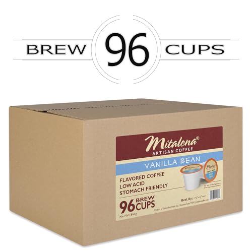 Mitalena Vanilla Bean Low Acid Coffee Pods - Medium Roast Flavored Coffee for Keurig K-cup Brewer - Avoid Heartburn and Acid Reflux - 12 cups