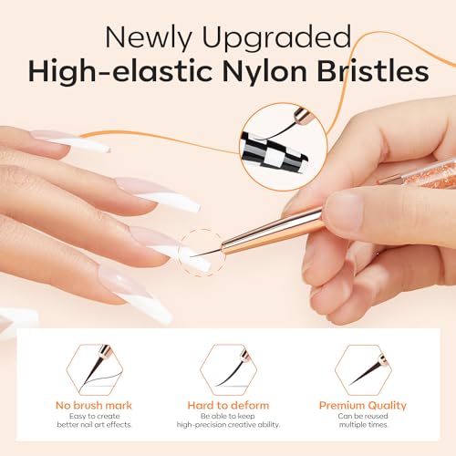 modelones Nail Art Brushes, Super Fine Thin Liner Nail Brush Set Sizes 7/11/15/20mm for Nail Gel Polish Painting Designs with Acrylic Rhinestone Handle Gift For Women