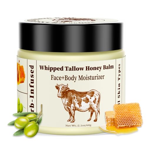 Beef Tallow and Honey Balm for Skin, Organic Grass-fed Whipped Beef Tallow Balm With Raw Honey for Face Natural Moisturizer Body Lotion, Skin Care Lip (2.1Oz)