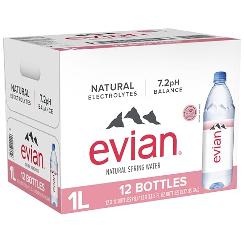 Evian Natural Spring Water (One Case of 12 Individual Bottles, each bottle is 1 liter) Naturally Filtered Spring Water in Large Bottles