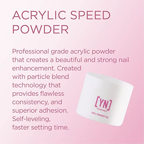 Young Nails Acrylic Powders, Speed. Created for a flawless consistency and superior adhesion. Speed Powder Begins to set in 60 seconds. Available in 45 gram, 85 gram, and 660 gram gram size options