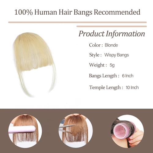 Clip In Bangs-100% Real Human Hair Bangs Clip Blonde Clip On Bangs Hair Extensions Fake Bangs Human Hair Wispy Bangs Hair Clip Fringe With Temples Hairpieces Curved Bangs For Daily Wear