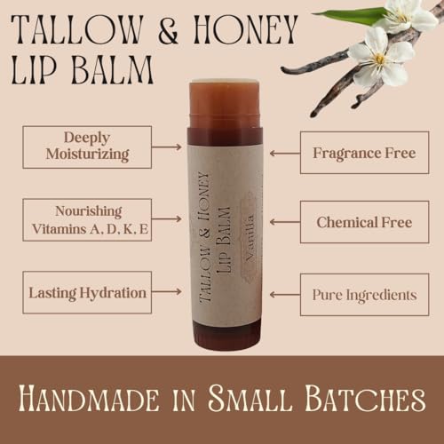 Lip Balm with Beef Tallow, Natural Essential Oils, Unscented, Organic (Vanilla)