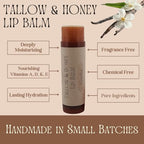 Lip Balm with Beef Tallow, Natural Essential Oils, Unscented, Organic (Vanilla)