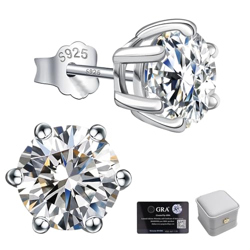 Moissanite Stud Earrings for Women 2CT 925 Sterling Silver Earrings for Women Men 18K White Gold Plated Earrings D Color VVS1 Round Lab Created Diamond Earrings for Men