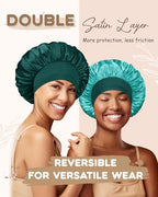 BONNET QUEEN Silk Bonnet for Sleeping for Women Satin Bonnet Double Layer Reversible in 2 Color Adjustable Hair Bonnet Satin Lined Night Sleep Cap for Curly Hair, Dark Green+Aqua