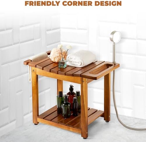 BLUEWEST Shower Bench Seat with Storage Shelf, Natural Wood Shower Benches for Inside Shower to Sit on, Waterproof Bathroom Spa Bench Stool for Legs Shaving with Built-in Handle & Shower Head Holder