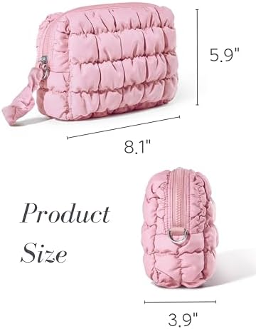 Yarnic Quilted Makeup Bag Cosmetic Bag, Travel Toiletry Bag for Women, Cute Makeup Bag Organizer Baby Pink Puffer Makeup Pouch (M, Pink)