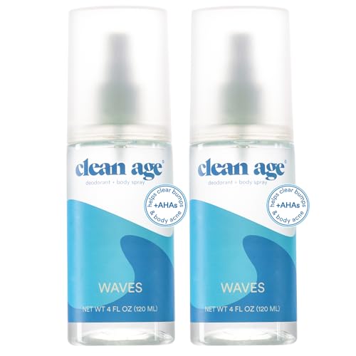 Aluminum Free Deodorant & Body Spray for Whole Body - Waves 4oz (2 Pack) Clean Deodorant and Body Spray for Teen Boys and Girls - With AHA For Body Acne - Body Spray for Teens Formula