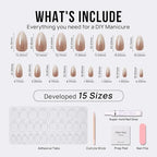 BTArtbox Press On Nails Medium Almond - Soft Gel Ombre Fake Nails with Glitters, French Tip Nails Reusable Glue On Nails Fake Nails Kit 15 Sizes, Glittering Champagne