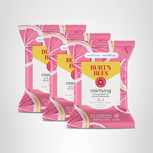Burt's Bees Pink Grapefruit Face Wipes, for All Skin Types, Hydrating Makeup Remover & Facial Cleansing Towelettes, 30 Ct. (3-Pack)