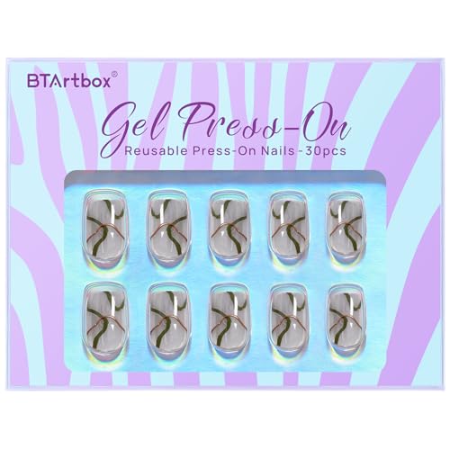 BTArtbox Press On Nails Short - Square Press On Nails with 3D Gold Foil Swirl, Supremely Fit Glue On Nails in 15 Sizes, Winding River