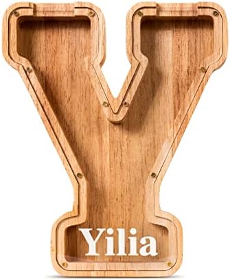 Summidate Customized Name Large Wooden Piggy Bank for Kids Boys Girls Alphabets Letter A-Z Coins Bills Money Change Bank Box Initial on Clear Cover (Laser Engraved) (Alphabet-Y, Personalized-9")