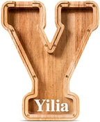 Summidate Customized Name Large Wooden Piggy Bank for Kids Boys Girls Alphabets Letter A-Z Coins Bills Money Change Bank Box Initial on Clear Cover (Laser Engraved) (Alphabet-Y, Personalized-9")