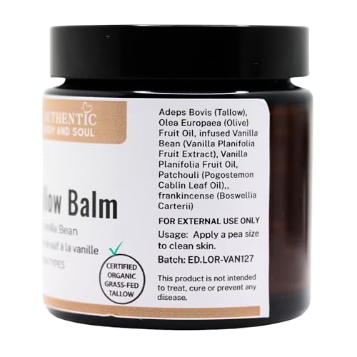 Organic Tallow Cream: Certified Grassfed Beef Tallow Balm with Vanilla, Patchouli and Frankincense. Certified Grassfed/Finished Beef Suet by AGW + Handmade by Authentic Body And Soul (Vanilla-4oz)