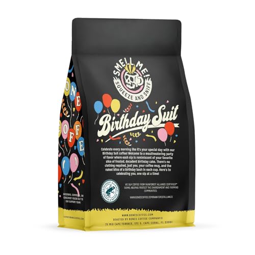 Bones Coffee Company Birthday Suit Flavored Coffee Beans, Medium Roast Ground Coffee Low Acid, Birthday Cake Flavor (12 oz)