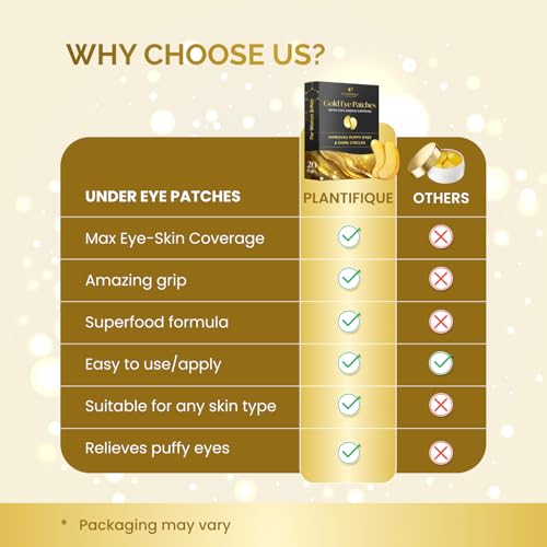 PLANTIFIQUE Gold Eye Patches for Puffy Eyes | 20 Pairs | Valentines Day Gifts Under Eye Masks for Dark Circles | Puffiness Eye Gels | Eye Mask Skincare