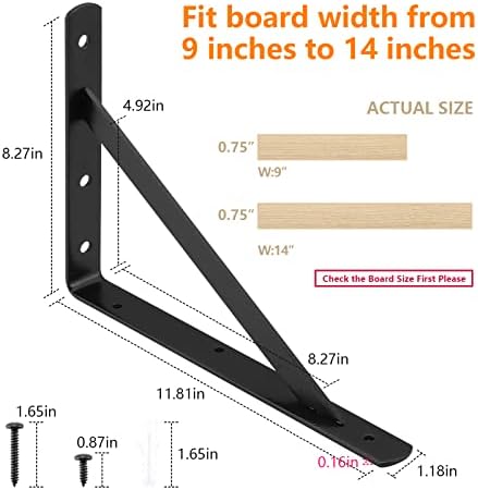 Heavy Duty Shelf Brackets 12 x 8 inches, 6 Pack Black Metal Shelves Supports, Load Capacity: 600 lb, Wall Mounted Angle L Floating Shelf Bracket, Rough Texture Powder Coating, HOME MASTER HARDWARE