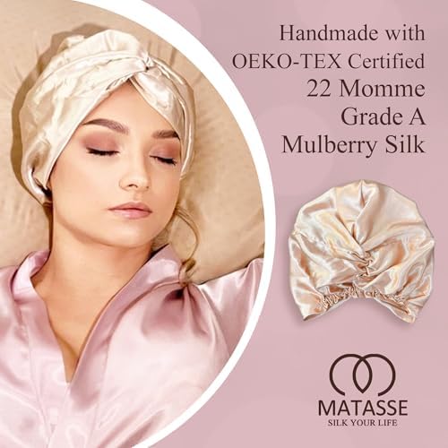 MATASSE Silk Bonnet for Sleeping with and without Adjustable Strap for Curly and Straight Hair - 22 Momme Sleep Cap, Real Mulberry on Both Sides