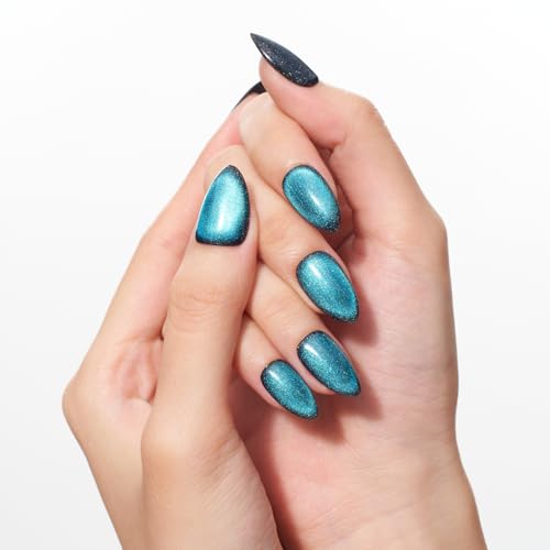 GLAMERMAID Press on Nails Short Almond, Handmade Lake Blue Cat Eyes Gel Glue on Nails, 24Pcs Glossy Short Stiletto Reusable UV Finish Fake Nails Acrylic False Nails Manicure Kits for Women