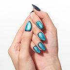 GLAMERMAID Press on Nails Short Almond, Handmade Lake Blue Cat Eyes Gel Glue on Nails, 24Pcs Glossy Short Stiletto Reusable UV Finish Fake Nails Acrylic False Nails Manicure Kits for Women