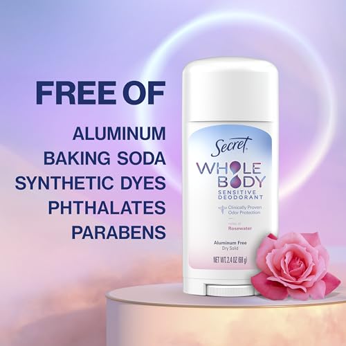Secret Whole Body Deodorant Dry Feel Stick + Absorbs Sweat for Women, Rosewater Scent, Aluminum Free Deodorant Stick, 72 HR Odor Protection, 2.4 oz