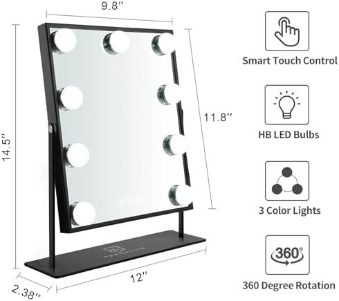 FENCHILIN Hollywood Mirror with Light Lighted Makeup Mirror Vanity Makeup Mirror Smart Touch Control 3 Colors Dimable Light Detachable 10X Magnification 360°Rotation(Black)