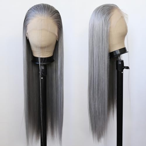 BTWTRY Gray Wig Long Straight Grandma Grey Synthetic Lace Front Wigs Pre Plucked Natural Hairline for Black Women Heat Resistant Fiber Hair Cosplay Daily Wear Wig (Grandma Grey)