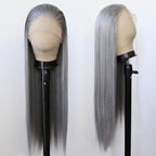 BTWTRY Gray Wig Long Straight Grandma Grey Synthetic Lace Front Wigs Pre Plucked Natural Hairline for Black Women Heat Resistant Fiber Hair Cosplay Daily Wear Wig (Grandma Grey)