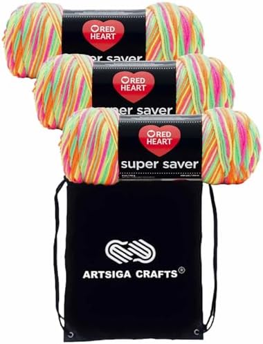 Red Heart Super Saver Day Glow E300-3934 (3-Skeins - Same Dye Lot) Worsted Medium #4 Acrylic Yarn for Crocheting and Knitting with Project Bag