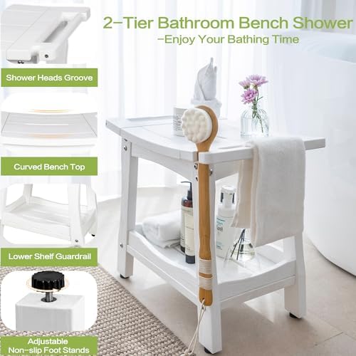 Y&M 2-Tier Bathroom Bench Shower with Waterproof Storage Shelf, HDPE Towel & Shower Head Shelves Curved Seat, Small Tub Chair for Shaving Legs Foot Stool, Bath, Spa, Indoor or Outdoor Use, White